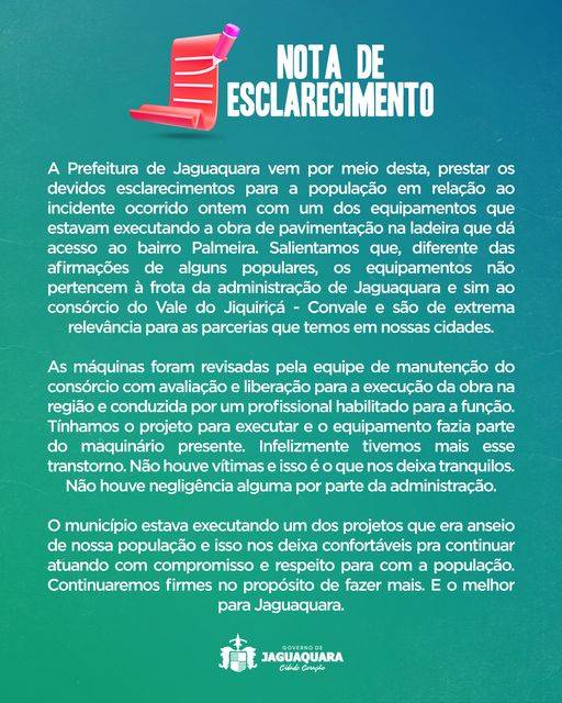 A Prefeitura de Jaguaquara vem por meio desta, prestar os devidos esclarecimentos para a população…